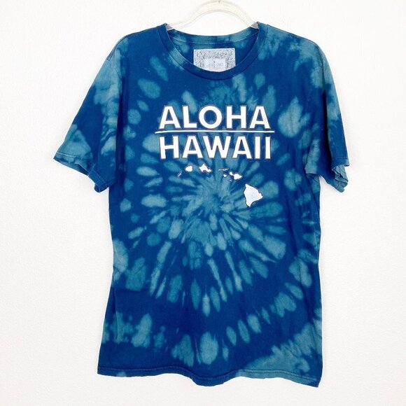 Upcycled Custom Aloha Hawaii Blue Bleach Reverse Tie Dye Tee - Picture 1 of 6